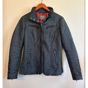 Italian Brema Women Quilted Black Moto Jacket with Red Plaid Lining, size 6
